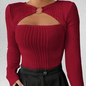 Elegant Eyelet Embroidery Metal Ring Decor Long Sleeve Shirt